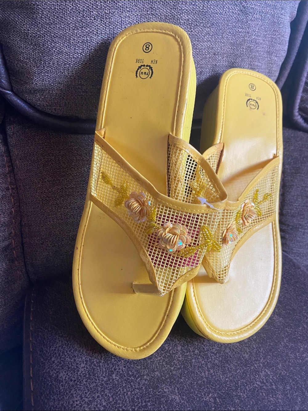 Yellow Floral Mesh Slide Sandals for Women